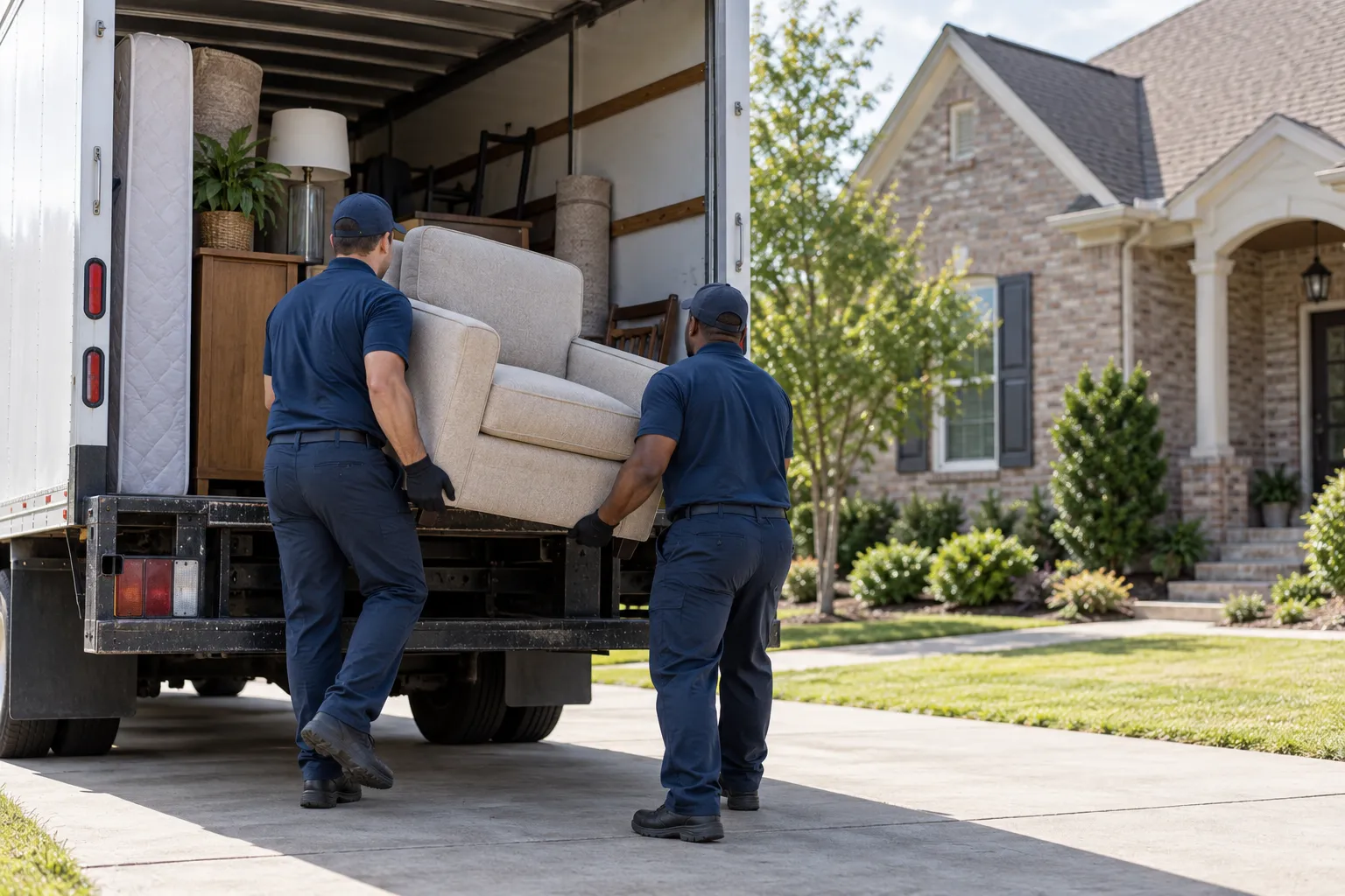 Professional workers loading household items into a clean truck